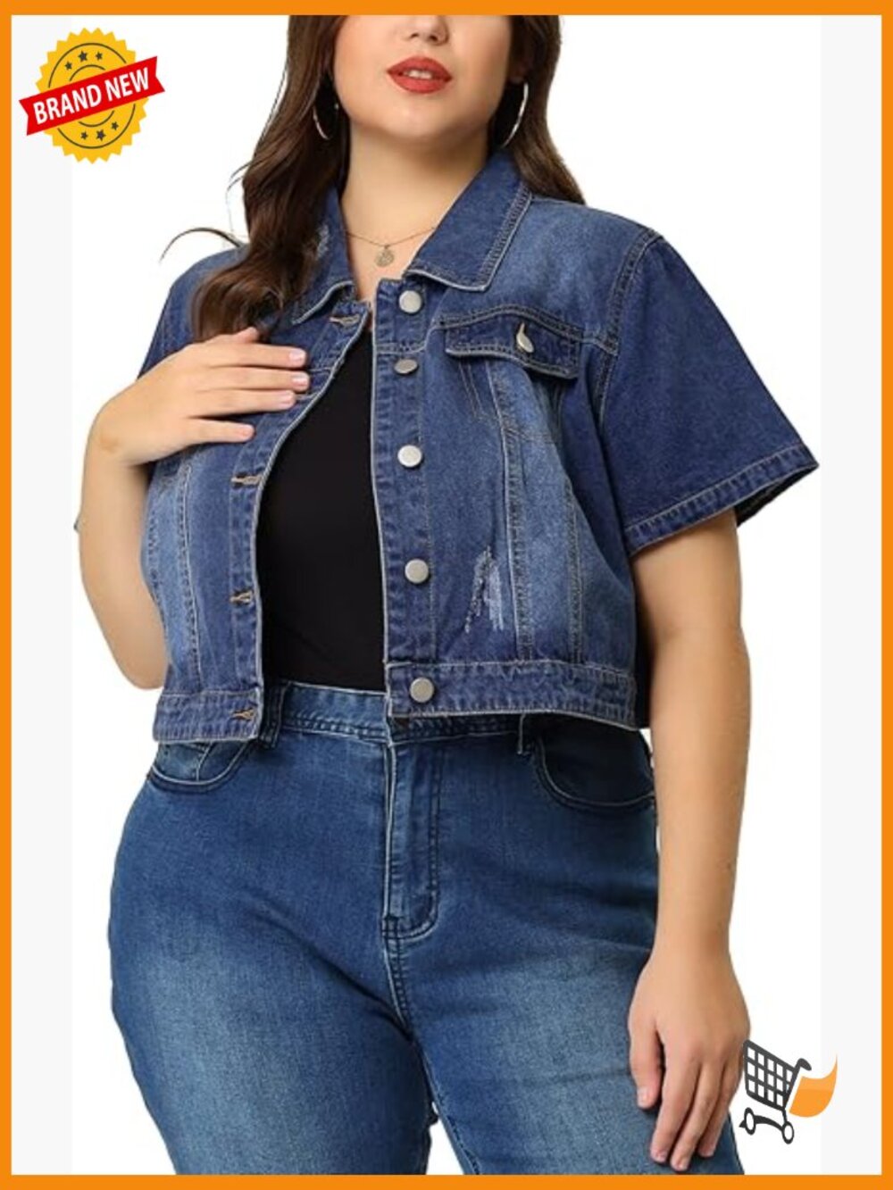 Short Sleeve Button Down Cropped Denim Jacket Plus Size Denim Jacket